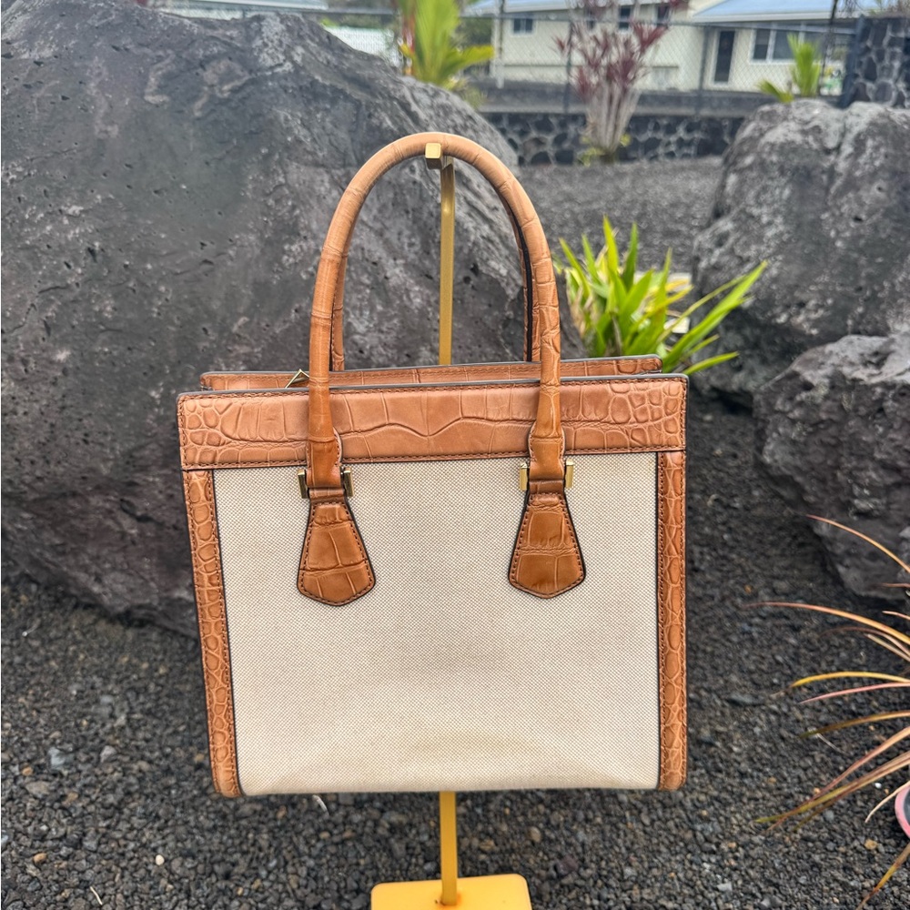 MICHAEL Michael Kors Croc-Embossed Leather & Canvas Satchel Tote with Strap - Picture 6 of 16